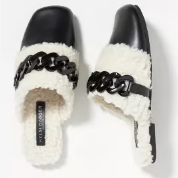 Kelsi Dagger Black and faux fur Chain Detail mules size 7.5 - Picture 1 of 6